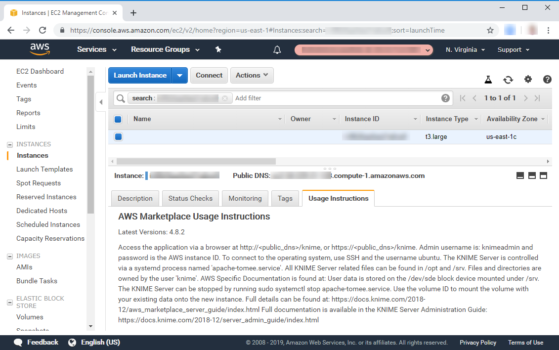 KNIME Server on AWS Usage Instructions Tab
