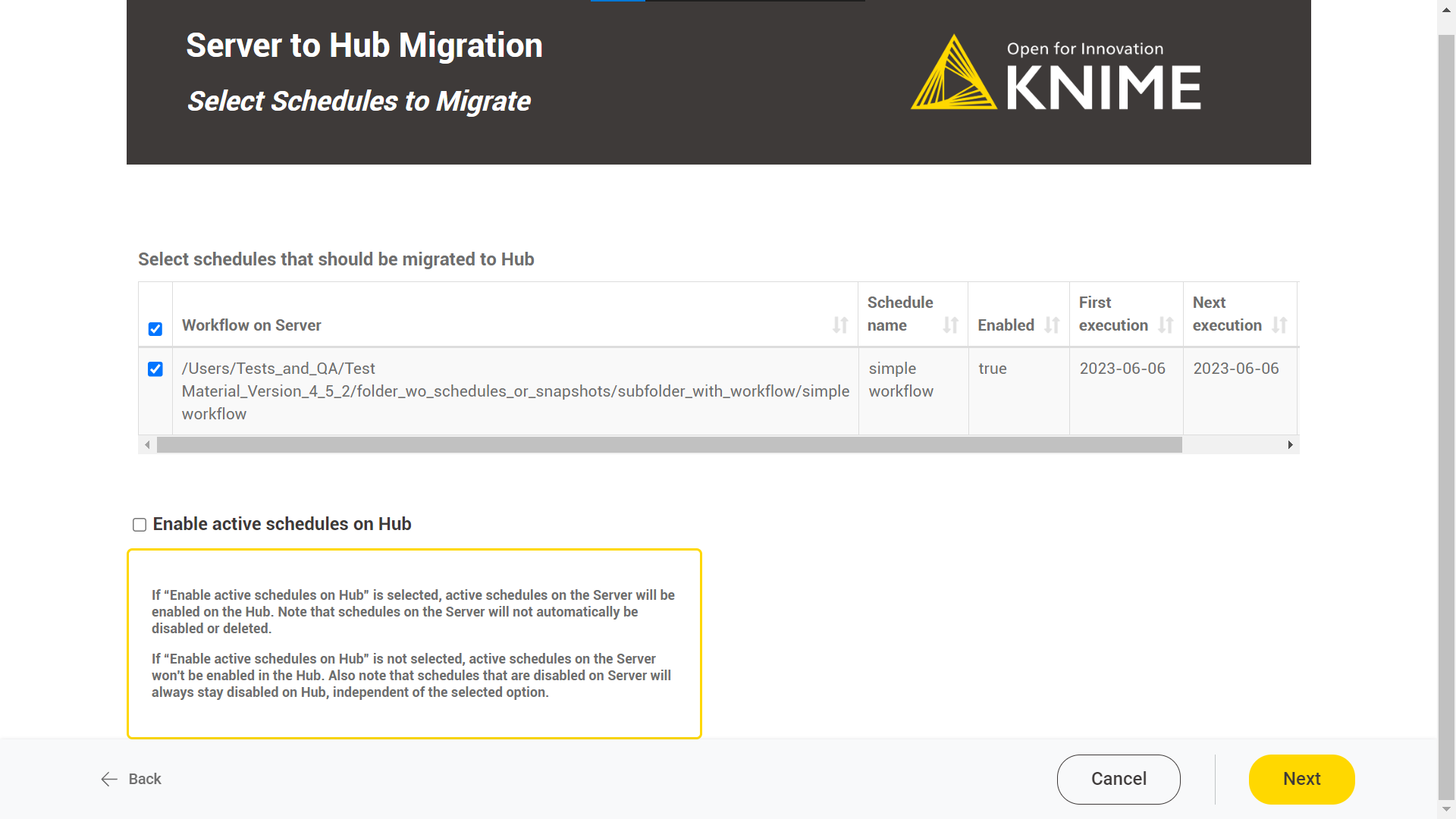 select schedules to migrate