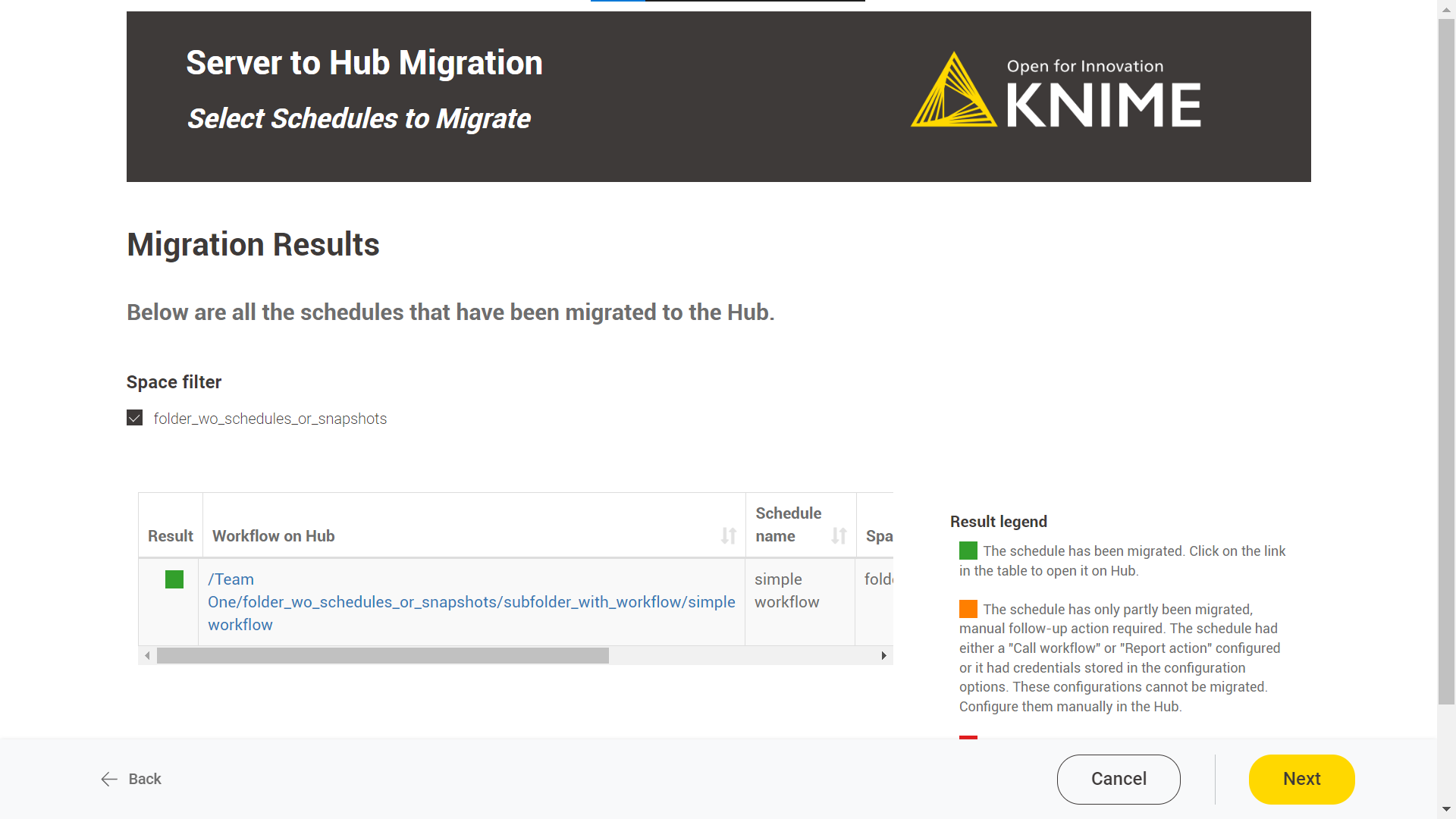 select schedules to migrate results