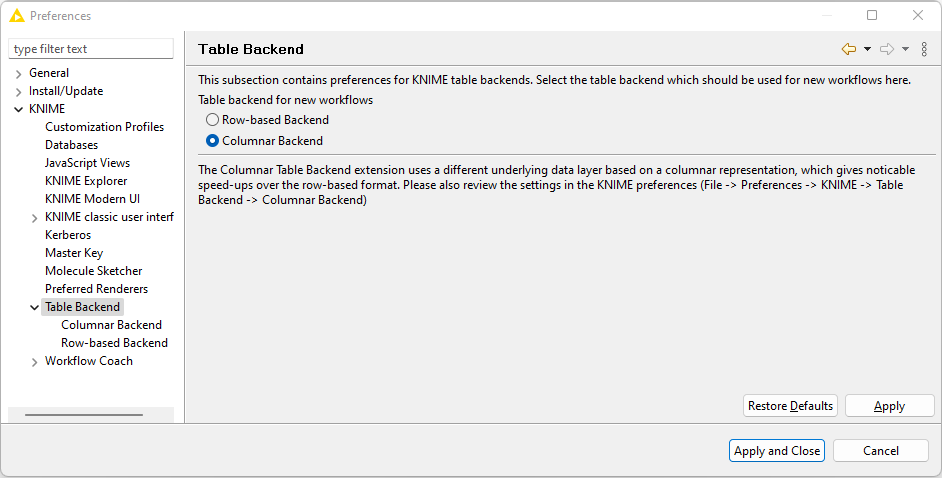 13 table backend preferences