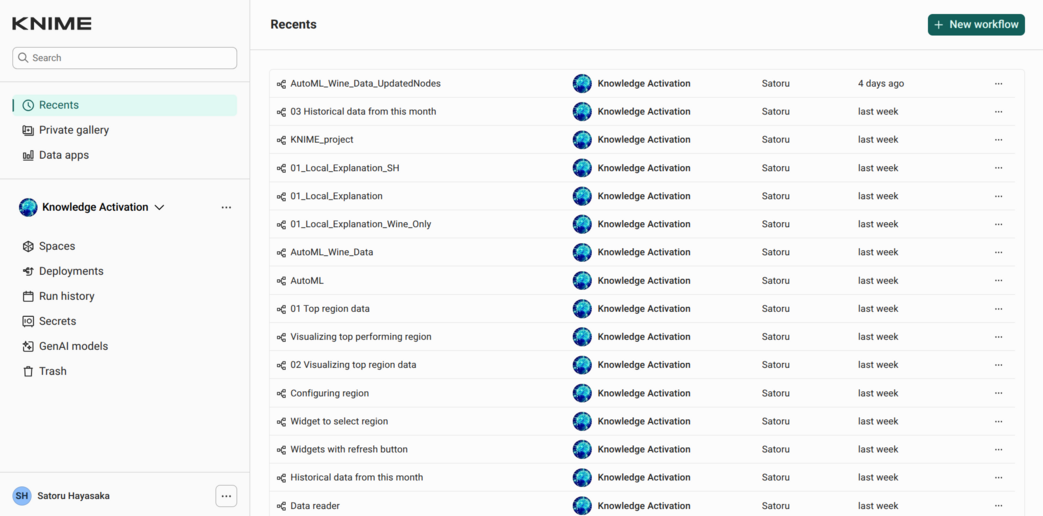 Knime home with the list of recent workflows and the menu on the left