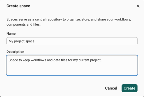 Create space dialog with a name and description filled in