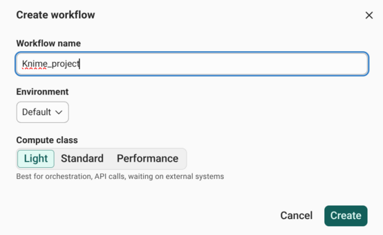 Create workflow dialog with Knime_project entered as the workflow name