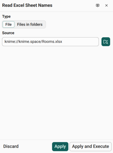 The Read Excel Sheet Names configuration panel with Rooms.xlsx as the source