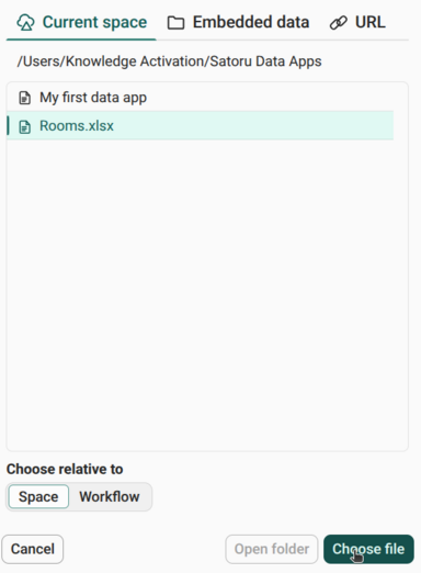 The file selection panel with Rooms.xlsx selected in the current space