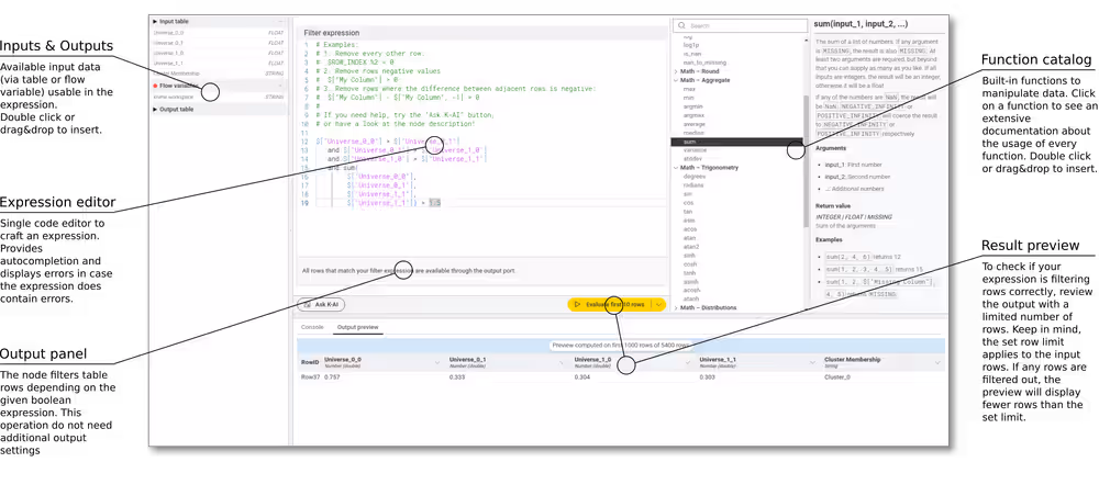KNIME Expression Row Filter node overview