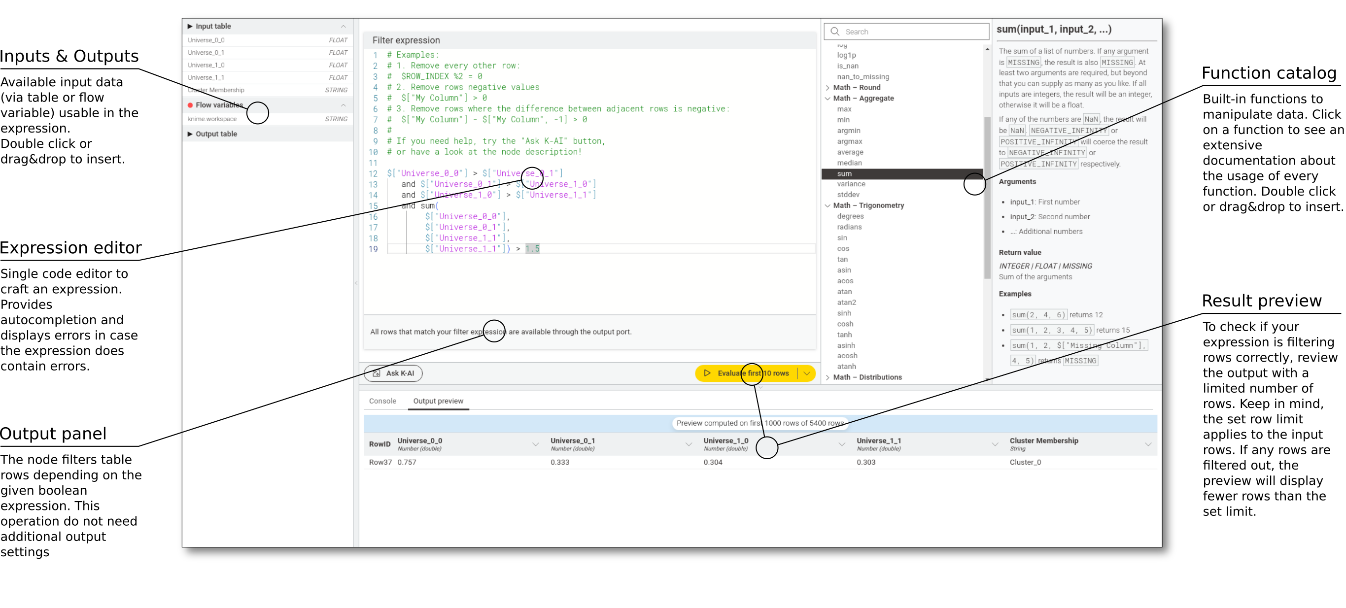 KNIME Expression Row Filter node overview