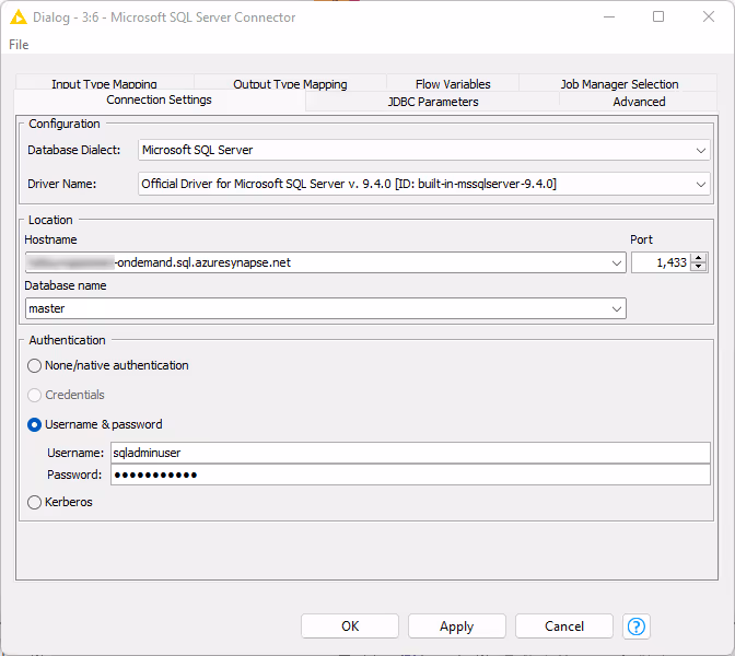 020 mssqlserver synapse connection settings