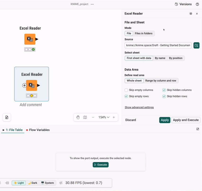 Executing the second Excel Reader node