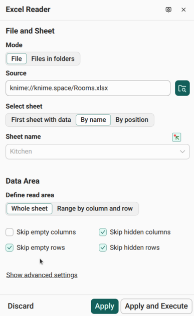 The completed Excel Reader configuration panel with the Sheet name box grayed out and showing Kitchen