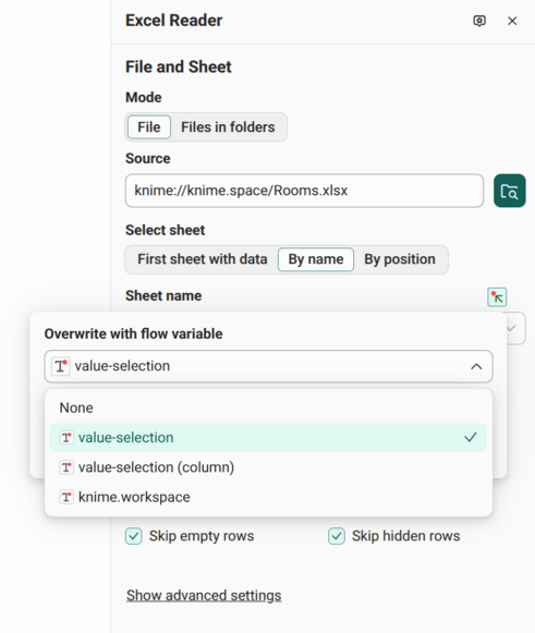 The Excel Reader configuration panel with Rooms.xlsx as the source, By name selected, and value-selection chosen to overwrite the sheet name