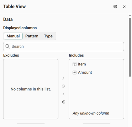The Table View configuration panel with all columns and Any unknown column in the Includes box