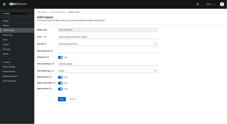 User client role mapper configuration