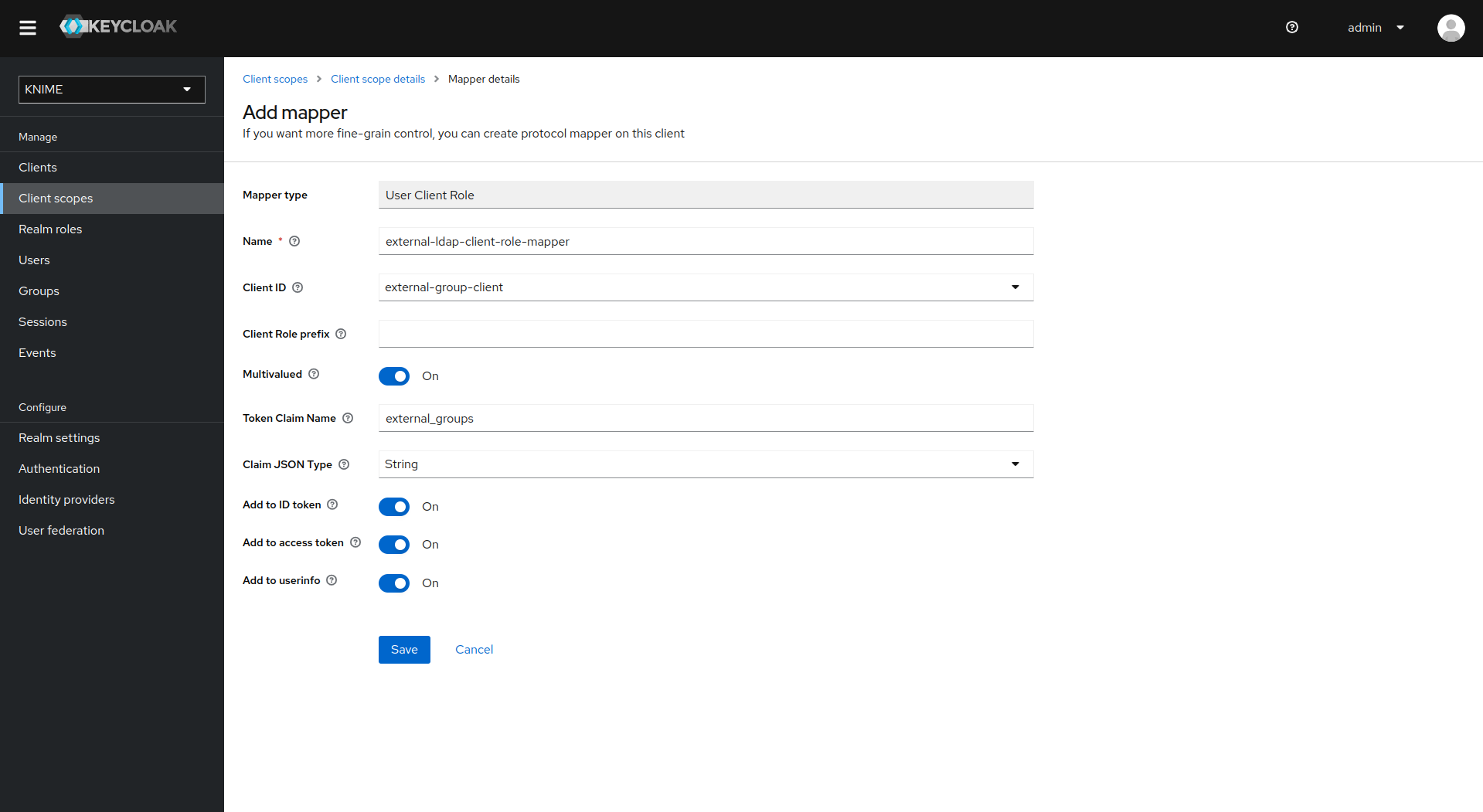 User client role mapper configuration