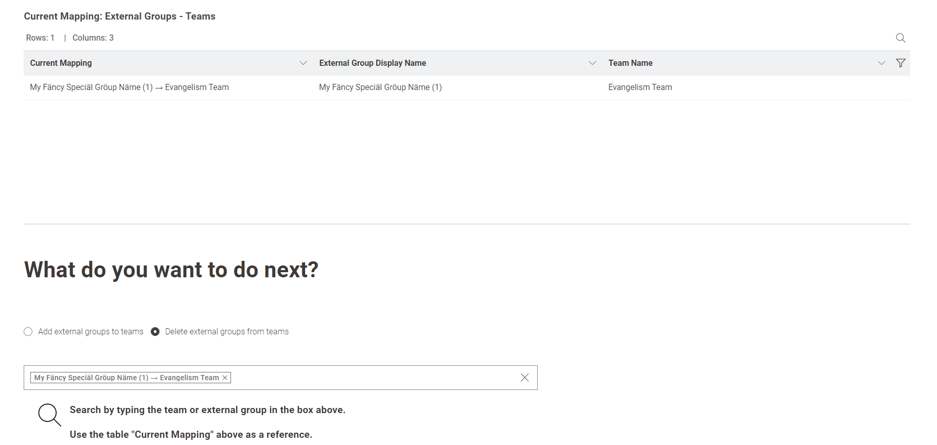 The external group that will be deleted from the team is added to the search box