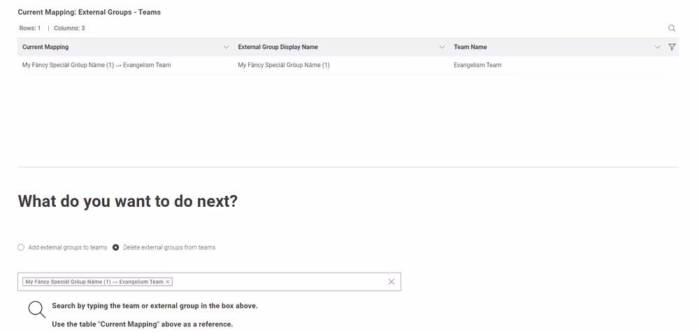 The external group that will be deleted from the team is added to the search box