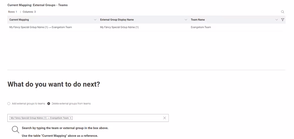 The external group that will be deleted from the team is added to the search box