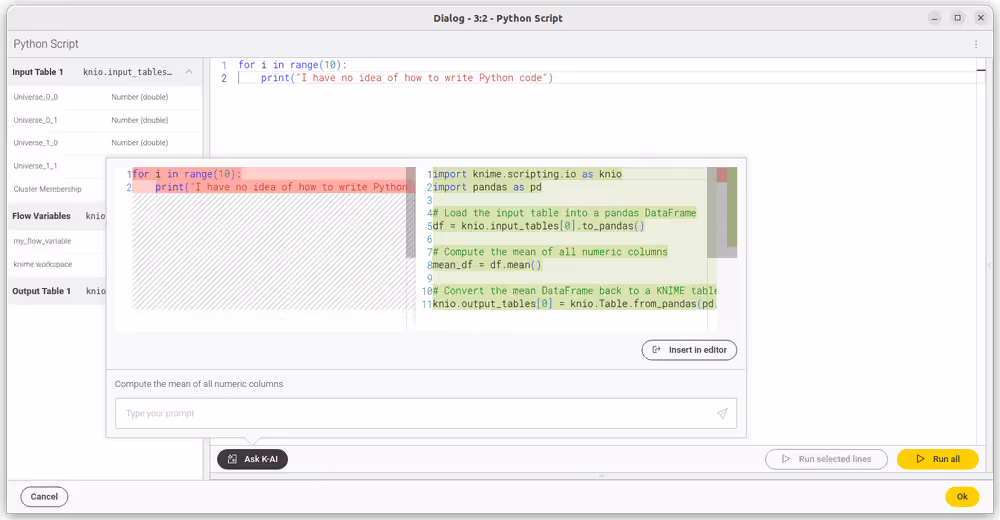 The Ask K-AI dialog inside a Python Script node showing the diff-editor view.