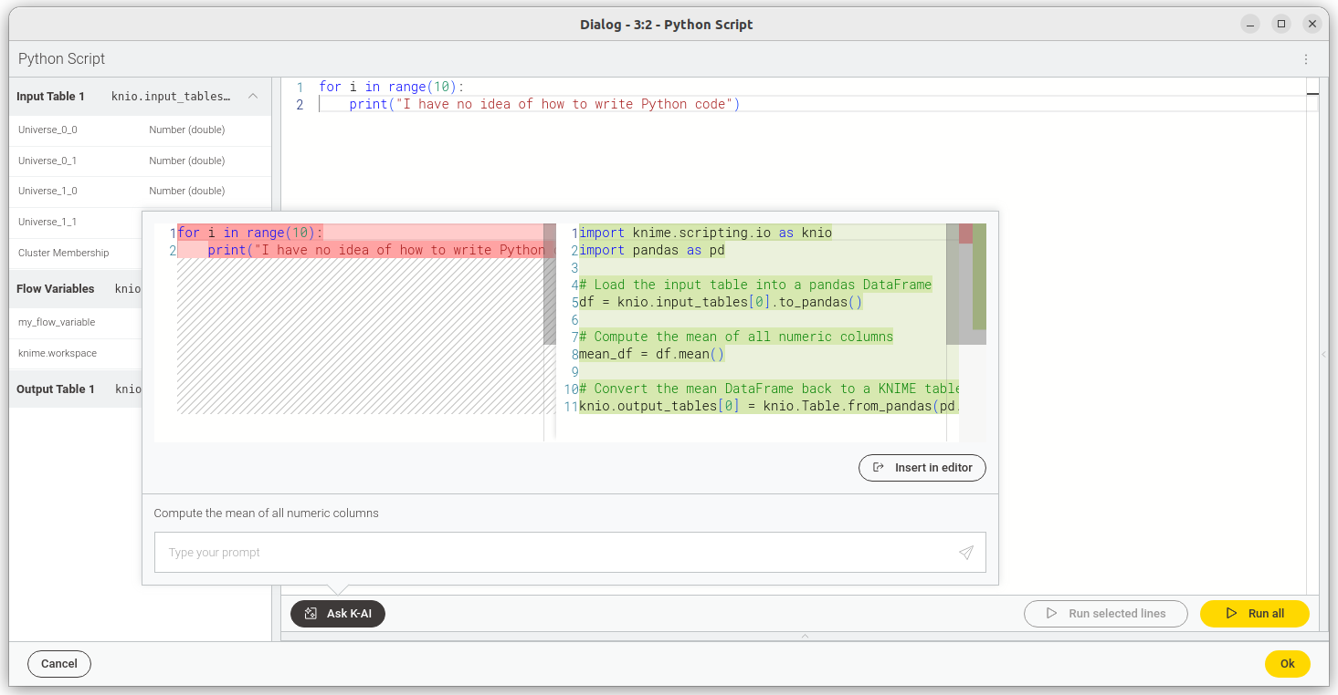 The Ask K-AI dialog inside a Python Script node showing the diff-editor view.