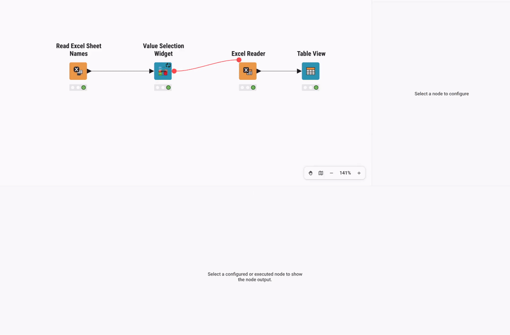 Creating the component: the four nodes are selected and combined into a component, the component is renamed to Sheet viewer and executed, and the Data app view tab shows the sheet dropdown above the table
