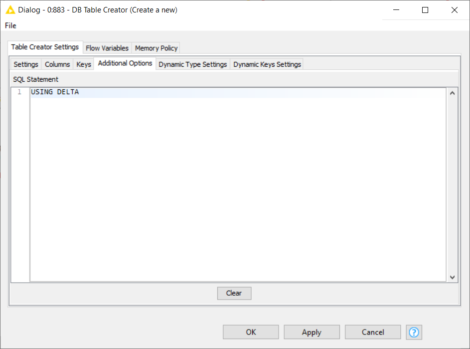 Additional Options tab inside the DB Table Creator node configuration dialog