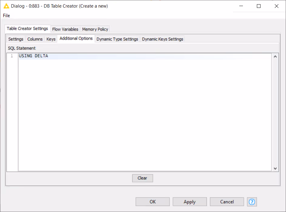 Additional Options tab inside the DB Table Creator node configuration dialog