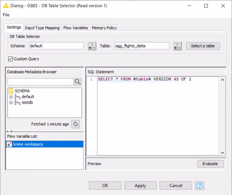 Configuration dialog of the DB Table Selector node