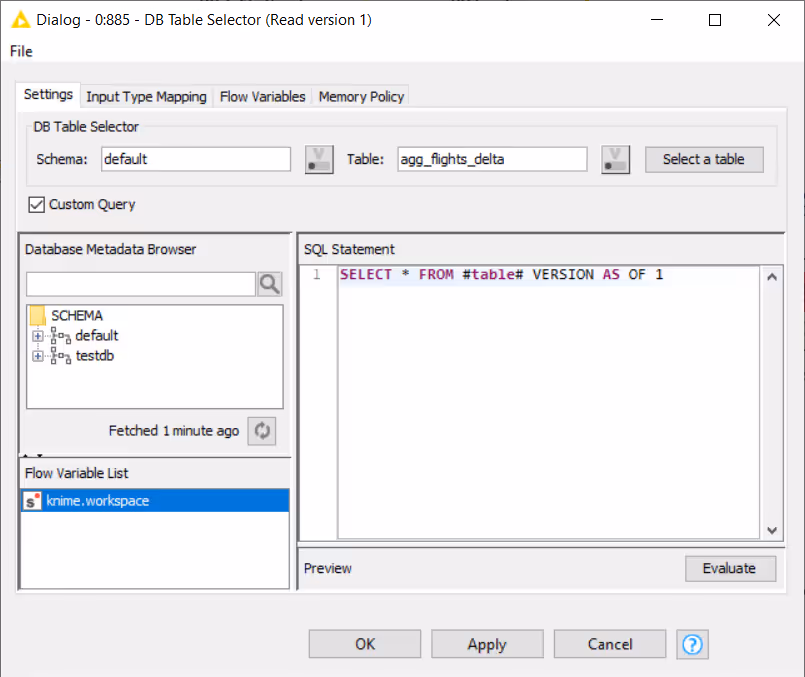Configuration dialog of the DB Table Selector node