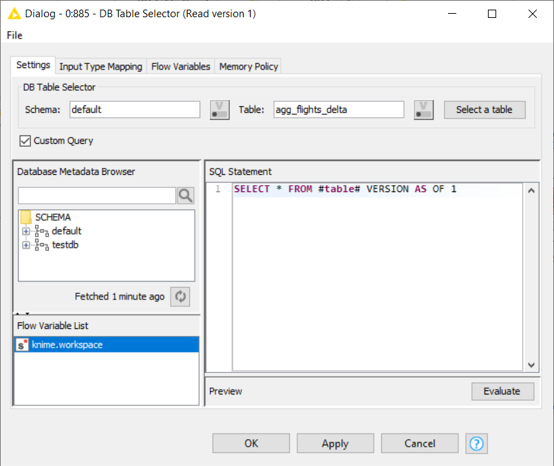 Configuration dialog of the DB Table Selector node