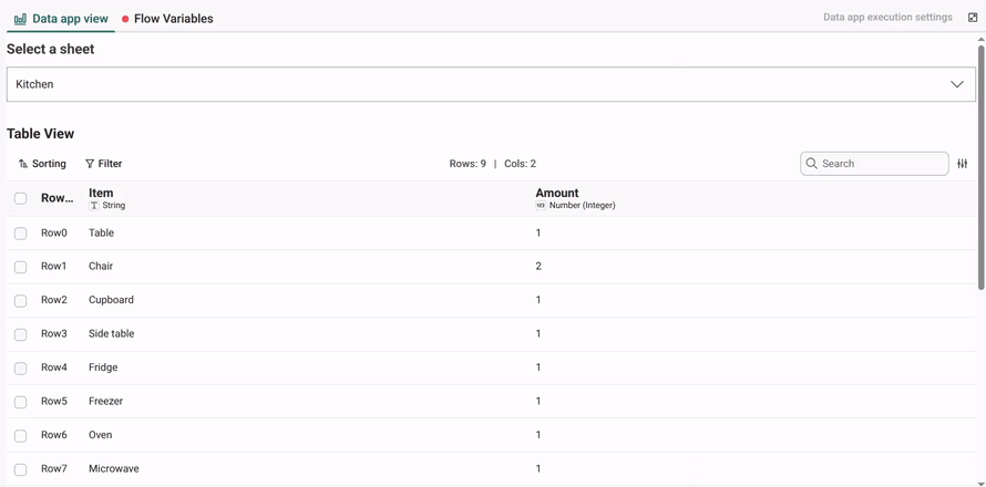 Selecting different sheets from the dropdown menu in the Data app view tab: the table updates to show the Living room and then the Dictionary sheet