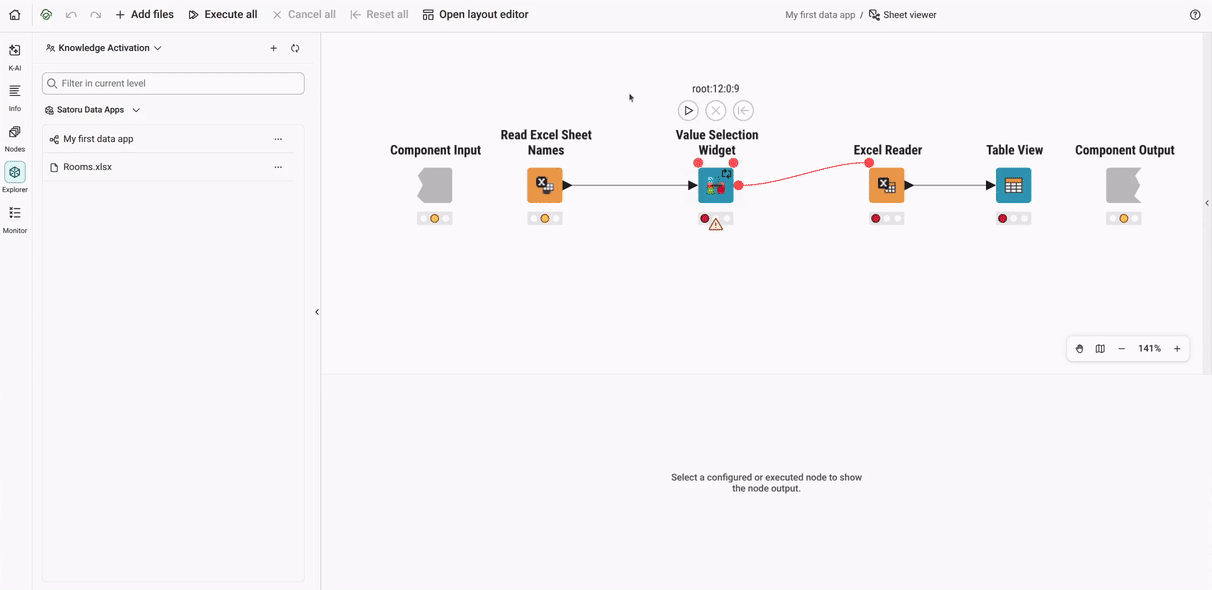 Adjusting the layout: the layout editor opens, a row with two columns is dragged into the layout frame, the Value Selection Widget is placed in the left column and the Table View in the right column, and the main workflow opens after clicking Apply