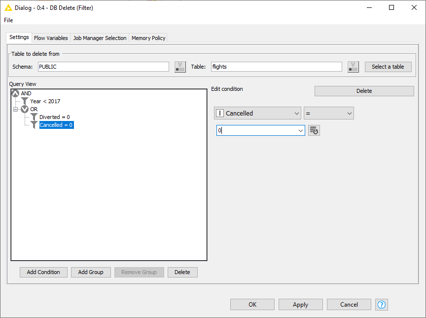 Configuration dialog of the DB Delete (Filter) node