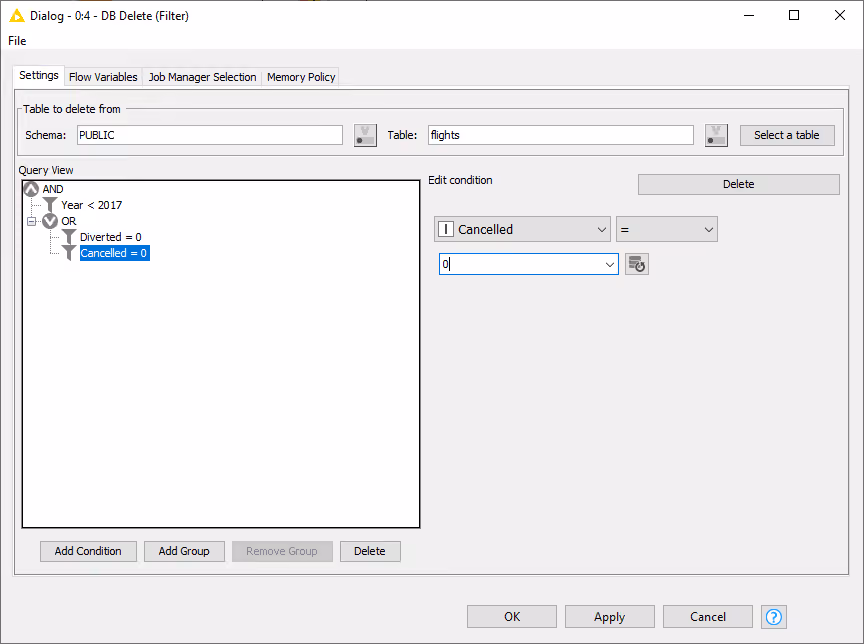 Configuration dialog of the DB Delete (Filter) node