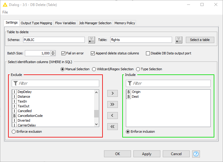Configuration dialog of the DB Delete (Table) node
