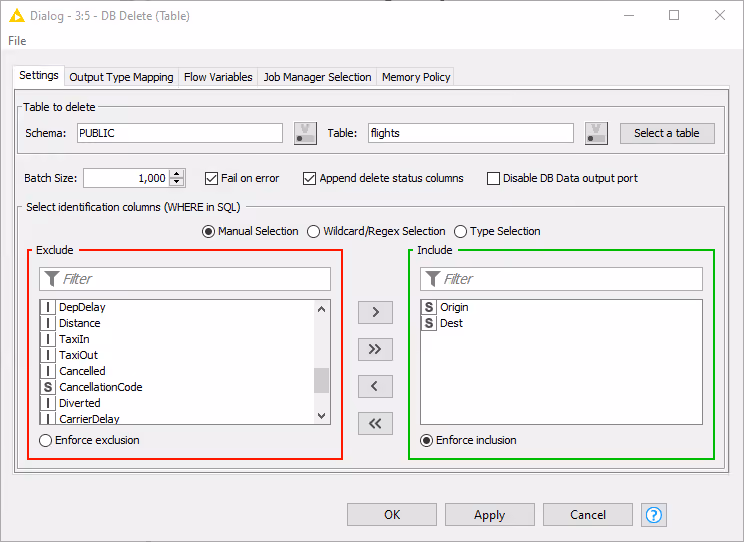 Configuration dialog of the DB Delete (Table) node