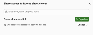 The Share access panel for Rooms sheet viewer with the Copy link button under General access link