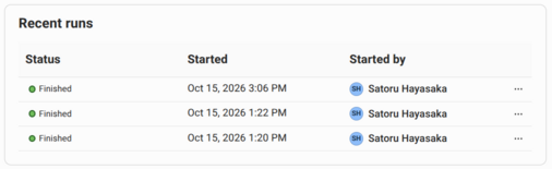 The Recent runs panel listing three finished runs of the data app, each with a menu on the right