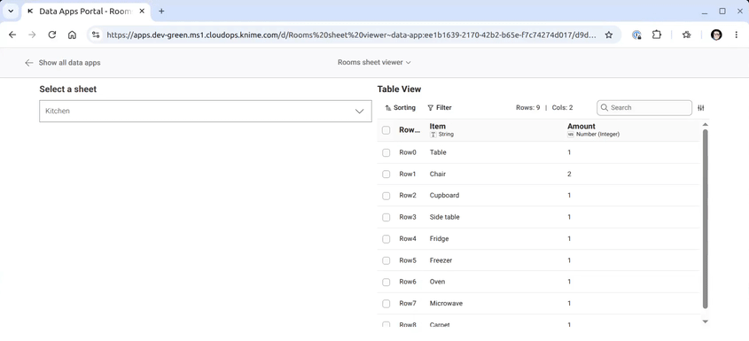 The Rooms sheet viewer data app running in a web browser: selecting the Living room and then the Dictionary sheet from the dropdown menu updates the table