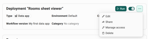 The menu of the Rooms sheet viewer deployment, opened from the three dots next to Run, with Share selected