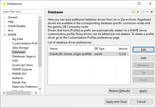 DB Preferences page