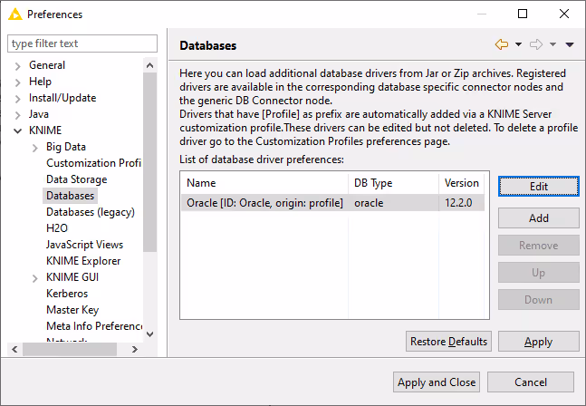 DB Preferences page