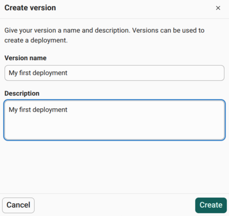 The Create version dialog with a version name and description entered
