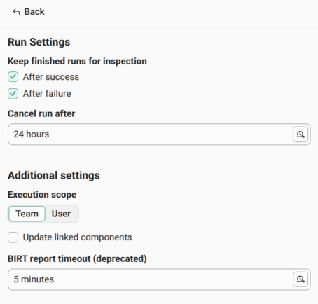 The Advanced configuration settings with After success and After failure selected under Keep finished runs for inspection