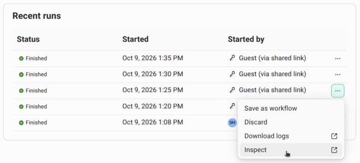 The Recent runs panel listing finished runs started every 5 minutes, with a run's menu open showing the Inspect option