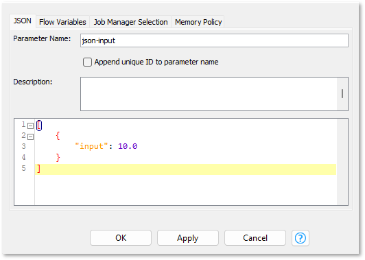 configuration of the container input json node