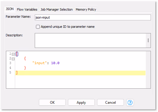 configuration of the container input json node