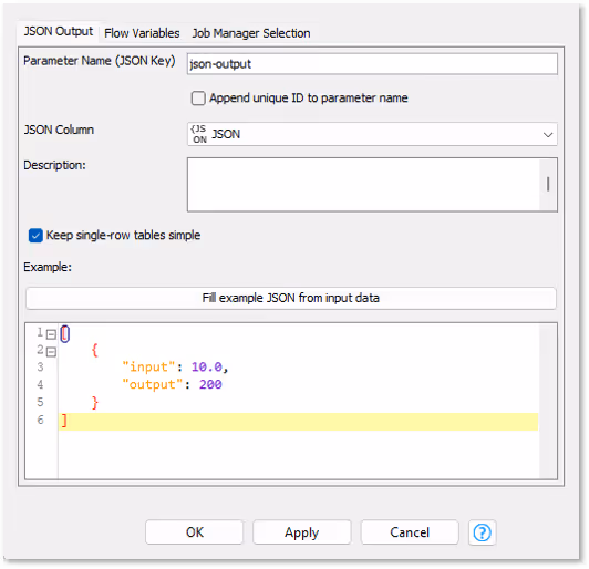 configuration of the container output json node