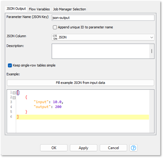 configuration of the container output json node