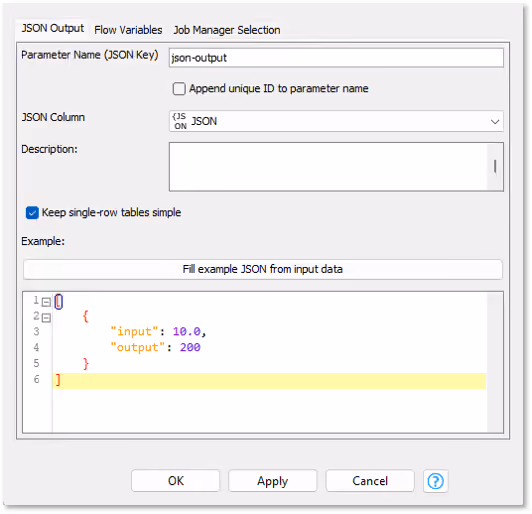 configuration of the container output json node