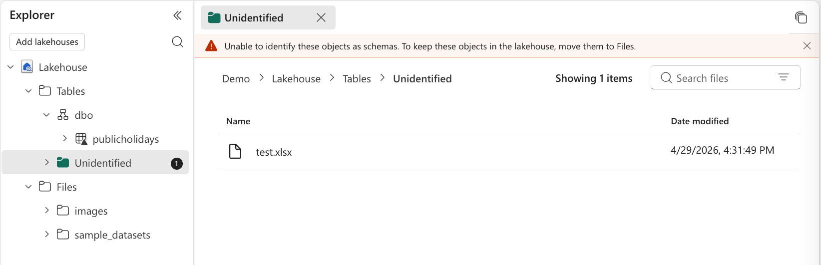 Microsoft Fabric Lakehouse UI showing an unidentified file in the Tables folder with a warning that the object cannot be identified as a schema